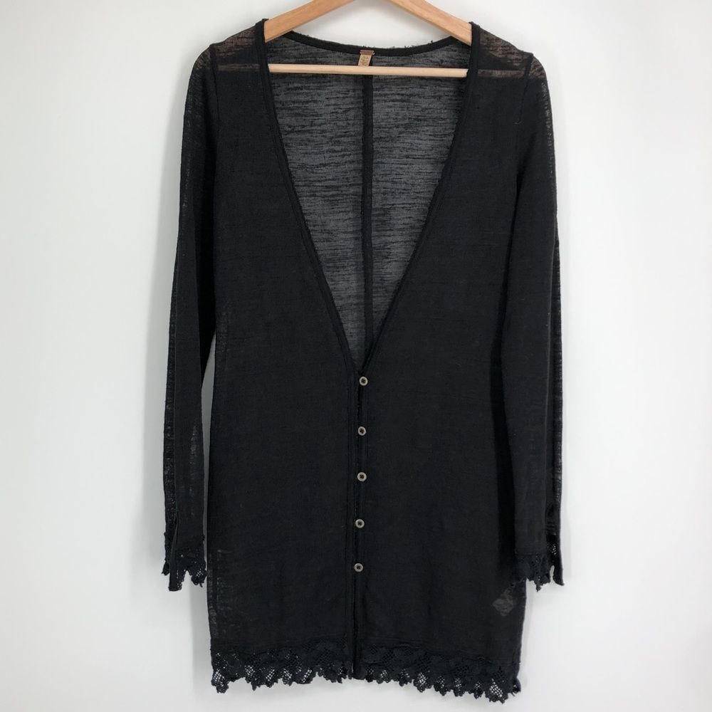 FREE PEOPLE Black Slub‎ Linen Blend Midi Cardigan Crochet